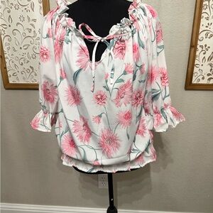 Elegant Floral Ruffle Blouse in Pink and White